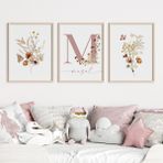 Çocuk Kalbi Atölyesi Floral Çiçekli Kız Bebek ve Çocuk Odası 3'lü Isim Tablo Seti, Çocuk Odası Tablosu - 30 x 40 - Pembe