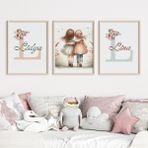 Çocuk Kalbi Atölyesi Ikiz Kız Bebek Çiçekli Isim Tablo Seti, Çocuk Odası Tablo, Bebek Odası Tablo - 30x40 - Ahşap