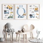 Çocuk Kalbi Atölyesi Iş Makineleri 3'lü Isim Tablo Seti, Bebek ve Çocuk Odası Tablosu, Çocuk Tablosu - 30 x 40 - Ahşap