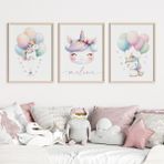 Çocuk Kalbi Atölyesi Unicorn Temalı Bebek ve Çocuk Odası 3'lü Tablo Isim Seti - 21 X 30 - Ahşap