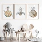 Çocuk Kalbi Atölyesi Uzay Temalı Bebek ve Çocuk Odası 3'lü Tablo Seti, Çocuk Odası Tablosu - 21 x 30 - Ahşap