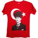 Çocuk Kalpaklı Ay Yıldızlı Atatürk Tişörtü Pamuklu Unisex Model 7-8 Yaş - Kırmızı - Standart