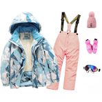 Çocuk kayak kıyafeti, 2 parçalı set, kayak montu + kayak pantolonu, kalın pamuk, dolgulu, sıcak, su geçirmez, kar kıyafeti, erkek ve kız çocukları için, 100 – 165 cm, kayak gözlüğü, eldiven ve bere