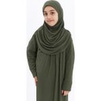 Çocuk Namaz Elbisesi- Kaşkorse Pratik Başörtülü - Haki - 9 - 11 Yaş
