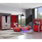 Çocuk Odası - Mercedes Rüzgarlıklı Arabalı Yatak - Sport 3 Kapılı Dolap, Masa, Şifonyer - Kırmızı