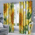 Çocuk Odası ve Yatak Odası için 2'li Sarı Ayçiçeği Perdesi, Y 260 x G 140 cm, 3D Suluboya Dokusu, Polyester, Karartma Halkalı Perdeler, Çocuk Odası Dekoru için İdeal
