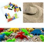 Çocuk Oyun Zeka Keşif Eğlence Seti Mini Ahşap Tetris 4 Adet Mini Dinozor 5 kg Kumsal Oyun Kumu