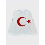 Çocuk Pamuklu Beyaz Kırmızı Ay Yıldız Desenli Uzun Kollu Bisiklet Yaka Tshirt - 9 - 10 Yaş