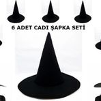 Çocuk Siyah Cadı Şapkası Keçe Yetişkin Boy 6 Adet