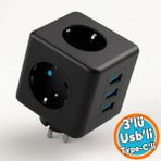Çocuk Termal Kısa Devre Akım Korumalı 3 Prizli 2 USB + 1 Type-C Topraklı Golyat Grup Şarj Fiş Priz - Siyah