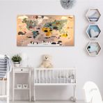 Çocuklar Için Hayvanlı Kanvas Dünya Haritası - Dayanıklı ve Solmaz Çocuk Odası Dekor 70X45CM - Krem