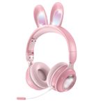 Çocuklar için kablosuz Bluetooth kulaklık, mikrofon, çocuk sevimli kedi kulak kız kulaklık, okul için, pembe anaokulu ışıklı Kawaii gürültü önleyici kulaklıklar çocuklar gençler için çocuk uçak