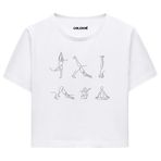 Colermi Kadın Crop Tişört - Minimal Çizim Yoga Figürlü Pamuklu Kısa Kollu Tshirt (Beyaz, S-M)