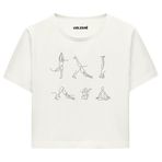 Colermi Kadın Crop Tişört - Minimal Çizim Yoga Figürlü Pamuklu Kısa Kollu Tshirt (Ekru, L-XL)