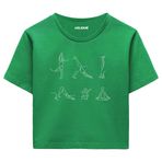 Colermi Kadın Crop Tişört - Minimal Çizim Yoga Figürlü Pamuklu Kısa Kollu Tshirt (Yeşil, L-XL)