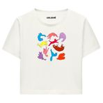 Colermi Kadın Crop Tişört - Renkli Kedili Pamuklu Kısa Kollu Crop Top (Ekru, L-XL)