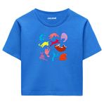 Colermi Kadın Crop Tişört - Renkli Kedili Pamuklu Kısa Kollu Crop Top (Mavi, L-XL)
