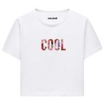 Colermi Kadın Crop Tişört - Siyah Çiçek Desenli COOL Yazılı Pamuklu Kısa Kollu Crop (Beyaz, S-M)