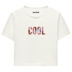 Colermi Kadın Crop Tişört - Siyah Çiçek Desenli COOL Yazılı Pamuklu Kısa Kollu Crop (Ekru, S-M)