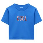 Colermi Kadın Crop Tişört - Siyah Çiçek Desenli COOL Yazılı Pamuklu Kısa Kollu Crop (Mavi, S-M)