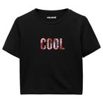 Colermi Kadın Crop Tişört - Siyah Çiçek Desenli COOL Yazılı Pamuklu Kısa Kollu Crop (Siyah, S-M)