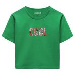 Colermi Kadın Crop Tişört - Siyah Çiçek Desenli COOL Yazılı Pamuklu Kısa Kollu Crop (Yeşil, S-M)