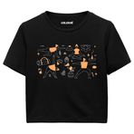 Colermi Kadın Crop Tişört - Siyah Yoga Desenli Pamuklu Kısa Kollu Yazlık TShirt (Siyah, S-M)