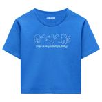 Colermi Kadın Crop Tişört - Siyah Yoga Temalı Kedili Pamuklu Tshirt (Mavi, S-M)