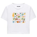 Colermi Kadın Crop Tişört - Tatil ve Yaz Simgeleri Tasarım Pamuklu Kısa Kollu Crop Top (Beyaz, S-M)