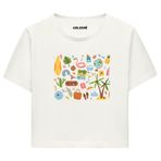 Colermi Kadın Crop Tişört - Tatil ve Yaz Simgeleri Tasarım Pamuklu Kısa Kollu Crop Top (Ekru, L-XL)
