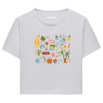 Colermi Kadın Crop Tişört - Tatil ve Yaz Simgeleri Tasarım Pamuklu Kısa Kollu Crop Top (Gri, L-XL)
