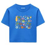 Colermi Kadın Crop Tişört - Tatil ve Yaz Simgeleri Tasarım Pamuklu Kısa Kollu Crop Top (Mavi, L-XL)