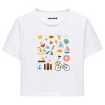 Colermi Kadın Crop Tişört - Yaz Temalı Eğlenceli Tasarım Baskılı Pamuklu Crop Top (Beyaz, S-M)