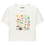 Colermi Kadın Crop Tişört - Yaz Temalı Eğlenceli Tasarım Baskılı Pamuklu Crop Top (Ekru, S-M)