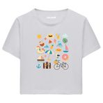 Colermi Kadın Crop Tişört - Yaz Temalı Eğlenceli Tasarım Baskılı Pamuklu Crop Top (Gri, L-XL)