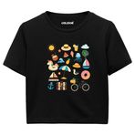 Colermi Kadın Crop Tişört - Yaz Temalı Eğlenceli Tasarım Baskılı Pamuklu Crop Top (Siyah, L-XL)