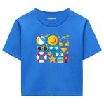 Colermi Kadın Crop Tişört - Yaz Temalı Eğlenceli Tasarım Pamuklu Kısa Kollu Crop Top (Mavi, L-XL)