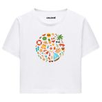 Colermi Kadın Crop Tişört - Yuvarlak Yaz Temalı Renkli Tasarım Baskılı Pamuklu Crop Top (Beyaz, S-M)