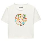 Colermi Kadın Crop Tişört - Yuvarlak Yaz Temalı Renkli Tasarım Baskılı Pamuklu Crop Top (Ekru, S-M)
