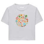 Colermi Kadın Crop Tişört - Yuvarlak Yaz Temalı Renkli Tasarım Baskılı Pamuklu Crop Top (Gri, S-M)