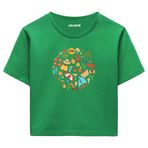 Colermi Kadın Crop Tişört - Yuvarlak Yaz Temalı Renkli Tasarım Baskılı Pamuklu Crop Top (Yeşil, S-M)