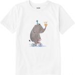 Colermi Pamuk Kumaş Çocuk Tişörtü – Bisikletli Fil ve Pasta Baskılı T-Shirt - Beyaz - 9 - 10 Yaş