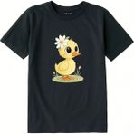 Colermi Pamuk Kumaş Çocuk Tişörtü – Daisy Duck Çiçekli Civciv Baskılı Çocuk T-Shirt - Antrasit - 7 - 8 Yaş