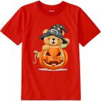 Colermi Pamuk Kumaş Çocuk Tişörtü – Halloween Bear Ayıcık Baskılı Çocuk T-Shirt - Kırmızı - 5 - 6 Yaş