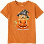 Colermi Pamuk Kumaş Çocuk Tişörtü – Halloween Bear Ayıcık Baskılı Çocuk T-Shirt - Turuncu - 11 - 12 Yaş