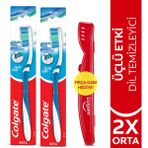 Colgate 2x3'lü Etki Dil Temizleyicili Arka Dişlere Uzanan Orta Diş Fırçası ve Diş Fırçası Kabı