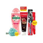 Colgate Diş Macunu 125 ML + Orta Diş Fırçası + Palmolive Aroma Sensations Duş Jeli 500 ML+ Duş Lifi & Fırça Kabı