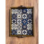 Color Craft Seramik Kahve Tepsisi - Ahşap Çerçeveli Sunum Tepsisi 20X25 cm - Lacivert