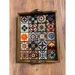 Color Craft Seramik Kahve Tepsisi - Ahşap Çerçeveli Sunum Tepsisi 20X25 cm - Turuncu - Beyaz
