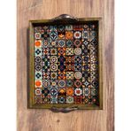 Color Craft Seramik Kahve Tepsisi - Ahşap Çerçeveli Sunum Tepsisi 20X25 cm - Yeşil - Turuncu